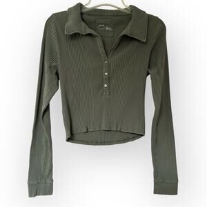 Girly Grunge Y2K Indie Sleaze Aerie Green Ribbed Cropped Long Sleeve Shirt Large